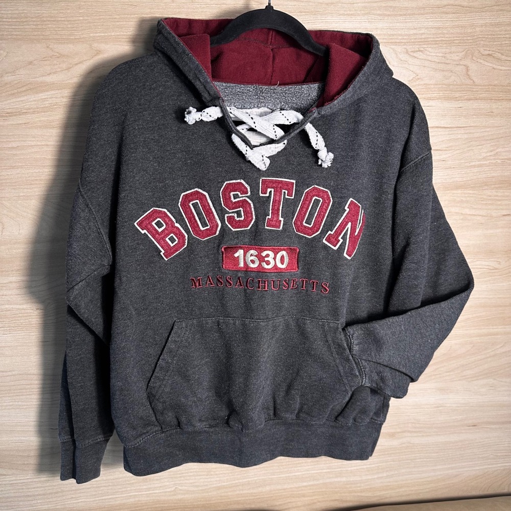 Vintage-Style Boston Embroidered Hoodie-Lace-Up drawstring neckline